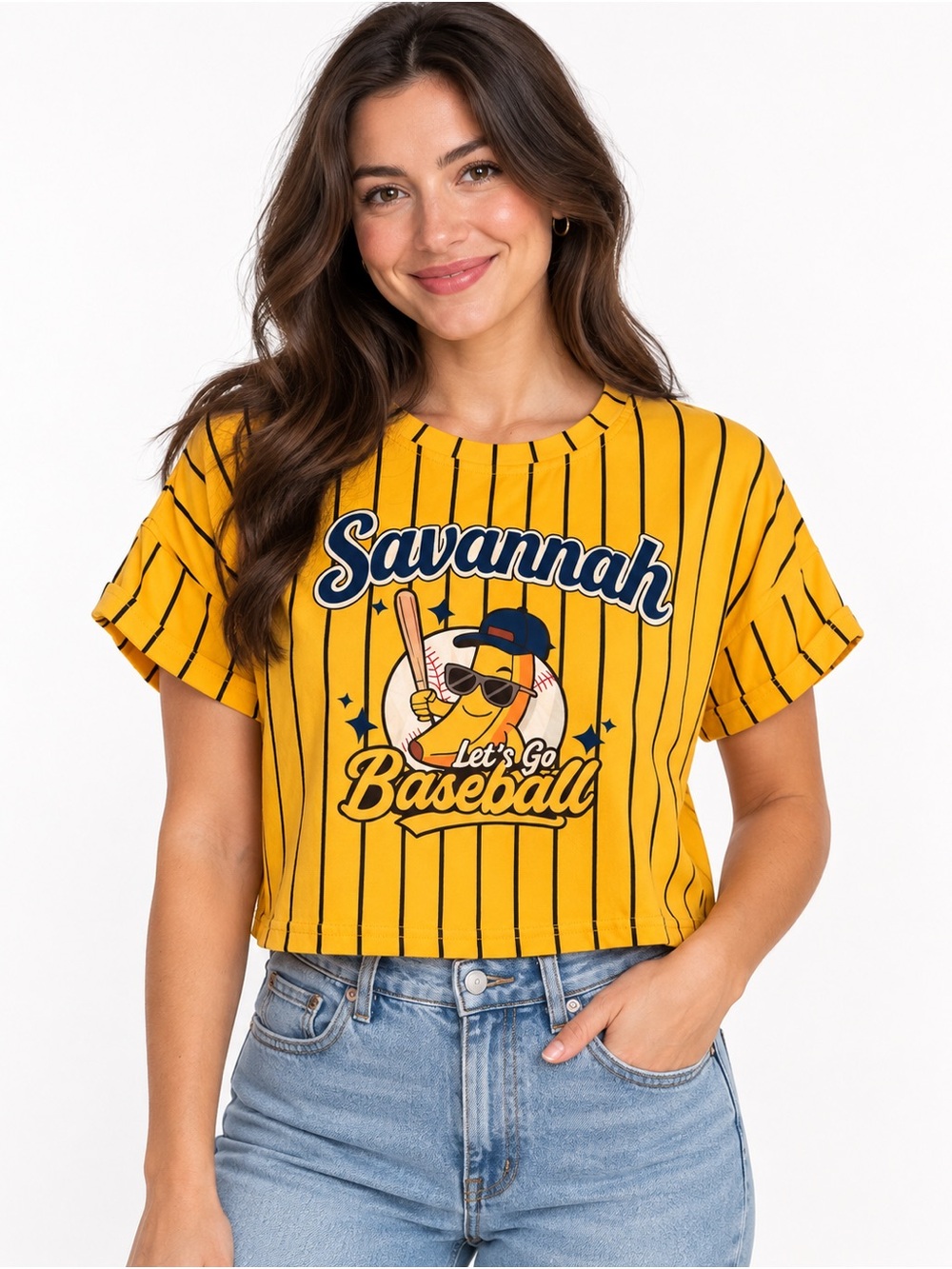 Savannah Let’s Go Baseball Yellow Pinstripe Crop Top Size Large